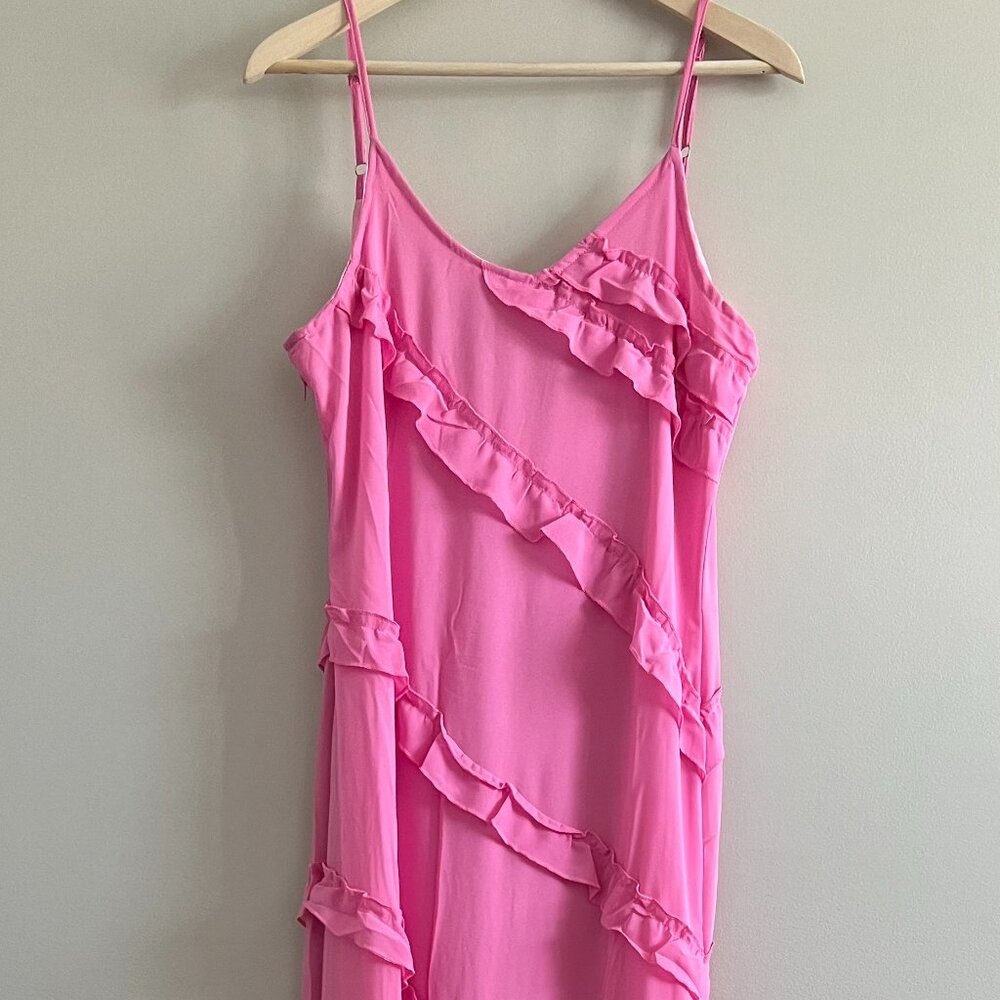 NWOT | Pink Spaghetti Strap Ruffle Maxi Dress with Side Zipper & Slit